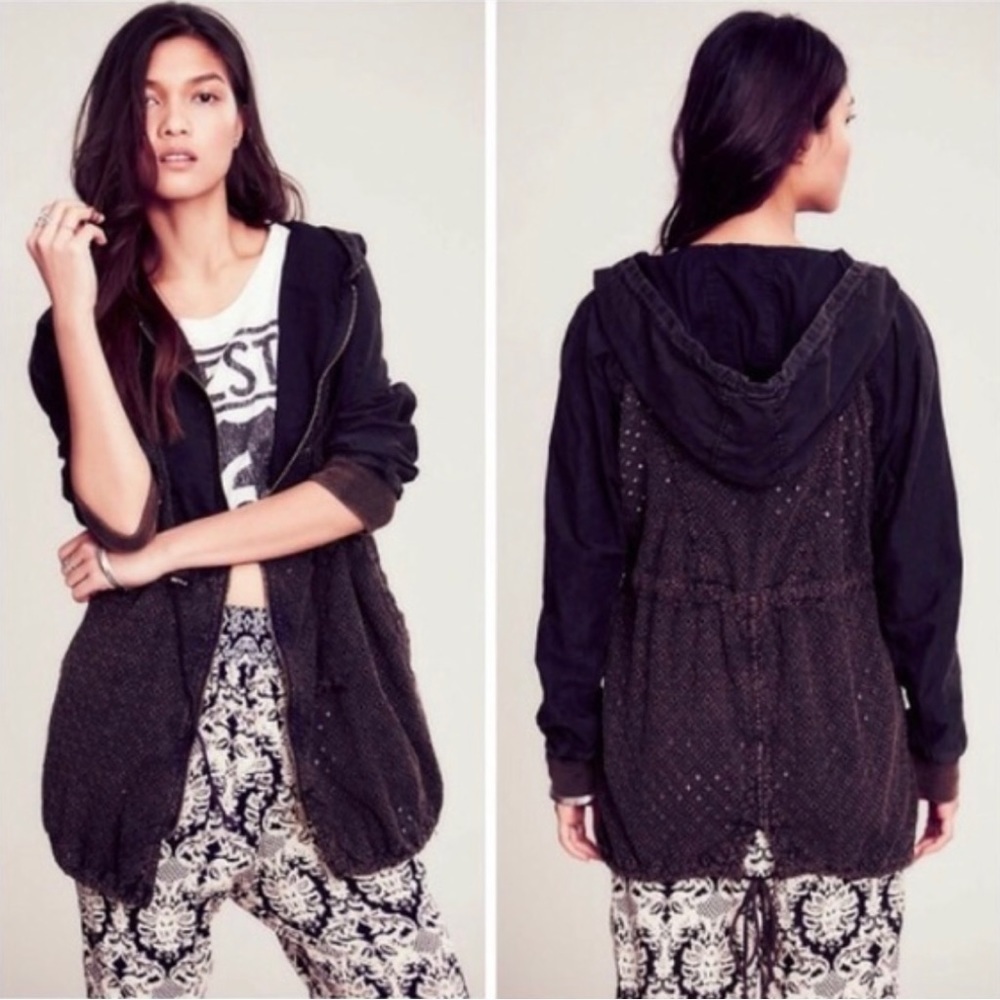 Free People Black Blue Washed Eyelet Cotton Zip Hooded Parka Jacket S Small.
